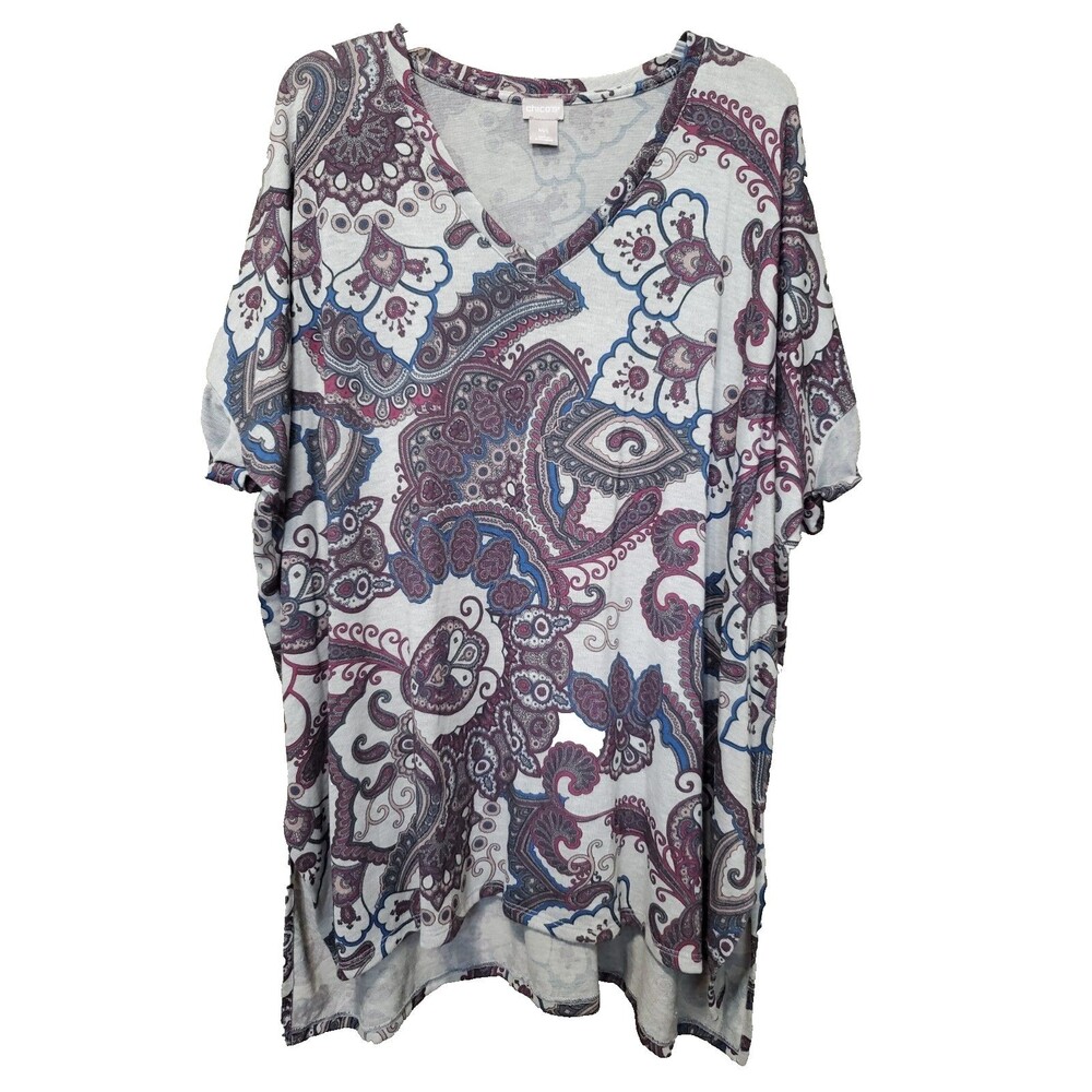 Chico's Drop Shoulder Paisley Elbow Sleeve Relaxed Knit Tunic Size M/L